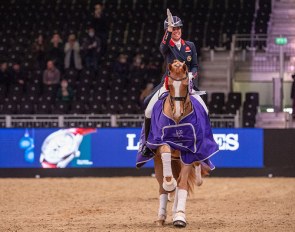 Charlotte Dujardin and Sarah Pidgley's Gio win the short Grand Prix at the 2021 CDI-W London ExCel :: Photo © Jon Stroud