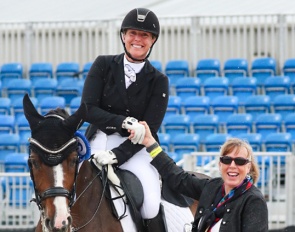 Eliane Cordia-van Reesema and Codiak in the winner's circle at the 2022 CDI-W Wellington :: Photo © Sue Stickle