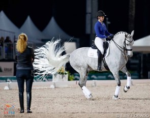 U.S. Olympian and PRE rider Sabine Schut-Kery teaching a masterclass during USPRE Week 2022. Here she is training Sophia Schults on Conocido HGF :: Photo © Lily Forado