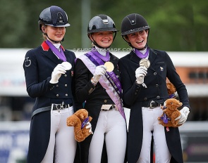 The Kur podium with Pidgley, Obel and Juglaret at the 2022 European Junior Riders Championships :: Photo © Astrid Appels