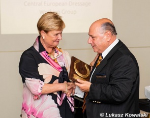 Elisabeth Max-Theurer (AUT) and Arie Yom Tov (HUN) at the fifth anniversary party of the Central European Dressage Working Group hosted at the 2022 CDI-W Zakrzow in Poland :: Photo © Lukasz Kowalski