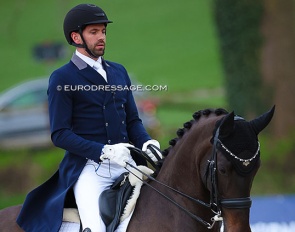 Tommie Visser and KWPN mare Kristal Fan T warming up at the 2023 CDI Hagen :: Photo © Astrid Appels