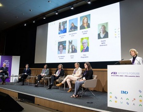 FEI Sports Forum 2023. Interim Report from the Equine Ethics and Wellbeing Commission. Professor Dr Nathalie Waran (NZL), Professor Dr Kathalijne Visser (NED), Dr Camie Heleski (USA), Professor Madeleine Campbell (GBR), Ms Jessica Stark (GBR),  Theo Ploegmakers and Moderator: Ms Grania Willis (IRL) :: Photo © Richard Juilliart