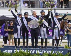 French team wins the FEI Dressage Nations Cup™ 2023, Rotterdam (NED) Morgan Barbancon, Pauline Basquin, Jean Morel, Alexandre Ayache, Corentin Pottier :: Photo © Digishots