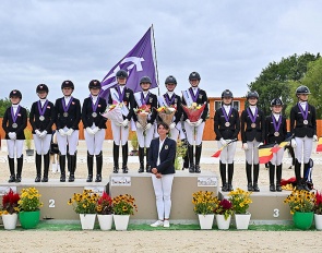 The team podium with Denmark, Germany and Belgium at the 2023 European Pony Championships :: Photo © Les Garennes