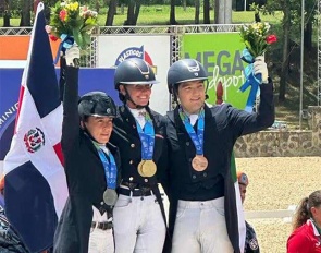 The overall podium at the 2023 Central American and Caribbean Games: Juliana Gutierrez, Yvonne Losos de Muniz and Carlos Maldonado :: Photo © Mariana Atehortúa