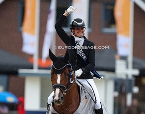 Betina Jaeger and Quinn G win the 5-year old finals test at the 2023 World Young Horse Championships :: Photo © Astrid Appels