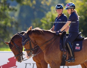 Carl Hester and Charlotte Dujardin in the warm up arena at the 2023 European Dressage Championships :: Photo © Astrid Appels