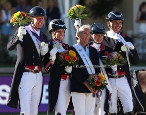 Team gold for Great Britain at the 2023 European Championships: Gareth Hughes, Charlotte Dujardin, team captain Caroline Griffith, Charlotte Fry and Carl Hester :: Photo © Astrid Appels
