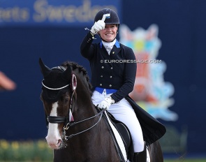 Nanna Skodborg Merrald had planned on competing Don Olymbrio at the first leg of the 2023-2024 Western European League World Cup qualifier in Herning but he has been replaced by Blue Hors Zack for his farewell show :: Photo © Astrid Appels