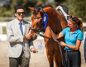 Portuguese judge Miguel Gonçalves with horse Ba'al in the prize giving ceremony for the 5-year olds at the 2023 Croatian Young Horse Championhips :: Photos © Lidija Novković