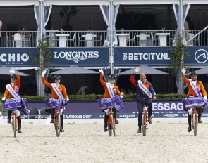 A lap of honour, Dutch style: not on horseback but on bikes at the 2024 CDIO Rotterdam :: Photos © Digishots