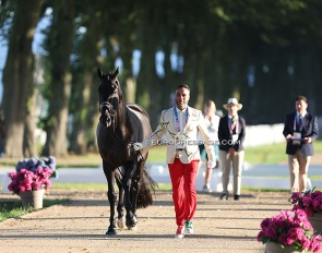 Moroccan Yessin Rahmouni and All at Once were the first  to trot up in the horse inspection at the 2024 Olympic Games in Paris :: Photo © Astrid Appels
