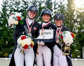 Rogerson, Lenherr, Eggenberger on the Grand Prix podium at the 2024 Swiss Dressage Championships :: Photo © Stuppia