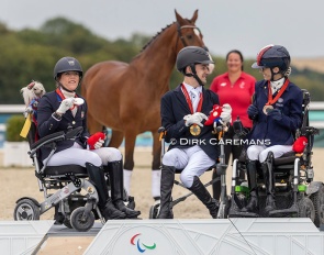 The individual medal podium for Grade I with Trunnell, Snikus and Morganti at the 2024 Paralympics :: Photo © Astrid Appels