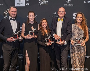 The Belgian dressage team is Team of the Year at the 2025 Equigala. Domien Michiels, Flore de Winne, Charlotte Defalque (reserve), Jeroen van Lent (team captain) and Larissa Pauluis :: Photo © Dirk Caremans