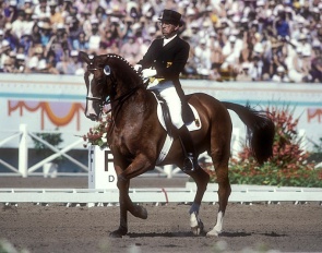 Team and individual Dressage champion Reiner Klimke (FRG) riding Ahlerich at Santa Anita Park during the 1984 Olympic Games.