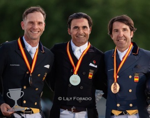 The "Technical" podium at the 2025 Spanish Dressage Championships after the Grand Prix + Special: Carrascosa, Mena, Castilla :: Photos © Lily Forado