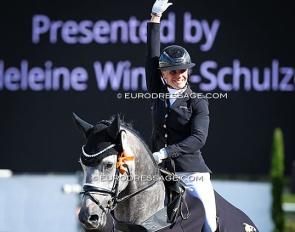 Mette Sejbjerg Jensen and Proud James win the 5-YO Finals at 2025 World Young Horse Championships :: Photo © Astrid Appels
