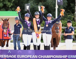 The Grade V individual podium with De Jong, Mispelkamp and Malmstrom as medallists at the 2025 European Para Dressage Championships :: Photos © Silke Rottermann