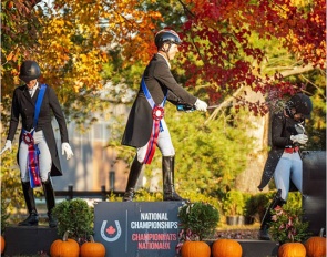 Jaimey Irwin leads the celebration on the FEI Medium Tour Open podium at the 2025 East Canada Dressage Championships :: Photo © Mousse Photographie