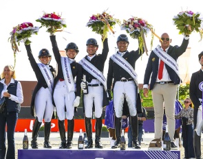 Defalque, Pauluis, Verboomen, Verwimp and chef d'equipe Jeroen van Lent on the podium for Belgium's FEI Nations Cup win at the 2026 CDIO Lier