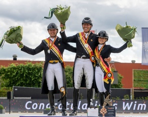 Jeroen Devroe, Wim Verwimp and Suraya Hendrikx on the senior podium at the 2026 Belgian Championships :: Photos © Dirk Caremans