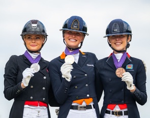Michella Skovsager, Lara van Nek and Mette Dahl on the Kur podium at the 2026 European Young Riders Championships :: Photos © Lukasz Kowalski