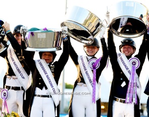 Germany lifting the heavy silver trophies for winning the FEI Nations Cup at the 2026 CDIO Hagen :: Photo © Astrid Appels