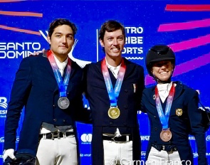 The individual podium Carlos Maldonado Lara, Mauricio Lebrija, and Marianna England at the 2026 Central American and Caribbean Games :: Photo © Carmen Franco