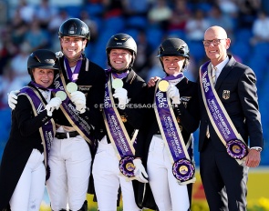 Gold for Germany at the 2026 World Championships Dressage: Werth, Wandres, Netz, Hemmer, and chef d'equipe Klaus Roeser :: Photo © Astrid Appels