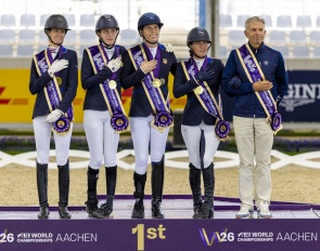 Team USA, FEI Para Dressage Team World champions at Aachen 2026: Vonderheyden, Howard, Shoemaker, Hart and chef d'equipe Michel Assouline :: Photo © FEI / Leanjo de Koster