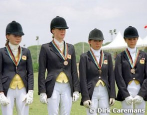 The bronze medal winning British pony team: Julie Swinburn, Georgie Hamblin, Sally Makin, Lorna Edmonds