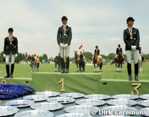 The dressage podium at the 2001 European Pony Championships: Carde Meyer (silver), Marion Engelen (gold) and Christina Thomas (bronze)