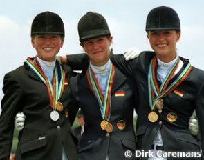 The 2001 European Pony Championship medallists: Carde Meyer (silver), Christina Thomas (bronze), Marion Engelen (gold) :: Photo © Dirk Caremans