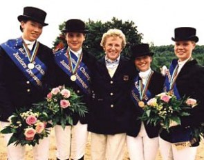 The 2001 German Junior Riders Team: Lena Torloxten, Dirk Viebrock, Madeleine Winter-Schulze (chef d'equipe), Kira Kröncke, Juliane Brunkhorst