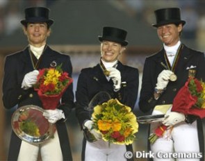 The 2002 World Equestrian Games' medallists: Beatriz Ferrer-Salat, Nadine Capellmann, Ulla Salzgeber :: Photo © Dirk Caremans