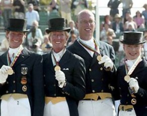 Germany wins team gold at the 2003 European Dressage Championships: Ulla Salzgeber, Heike Kemmer, Klaus Husenbeth, Isabell Werth
