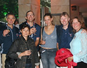 Group shot of some British team riders and officials. From left to right, Ferdi Eilberg, Yvette Conn, David Trott, Astrid Appels of Eurodressage, Wayne Channon and Debra Channon
