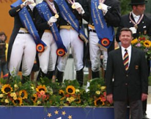 The team gold medal winning Germans: Ann Kathrin Linsenhoff, Heike Kemmer, Klaus Husenbeth, Hubertus Schmidt and chef d'equipe Holger Schmezer