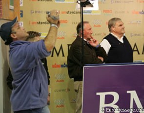 Arlene Page's team: groom Craig Bernstein videos the ride, coach Klaus Balkenhol and husband David Page watch