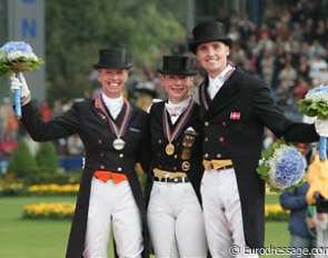 The Grand Prix Special Podium at the 2006 World Equestrian Games: Van Grunsven (silver), Werth (gold), Helgstrand (bronze) :: Photo © Astrid Appels