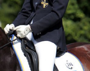 A Swedish riding outfit: Swedish patches on jacket and flag on saddle pad :: Photo © Astrid Appels