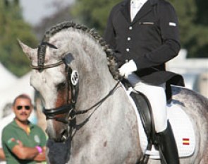 Two interesting faces: Spanish Agusti Elias on the Andalusian bred stallion Cazurro