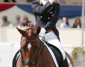 Thumbs up for Adelinde Cornelissen and Parzival after a brilliant Grand Prix ride at the 2009 European Championships :: Photo © Astrid Appels