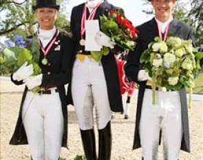 The 2009 Danish Championship podium: Anne van Olst (silver), Nathalie Zu Saeyn-Wittgenstein (gold), Sune Hansen (bronze) :: Photo © Ridehesten.com