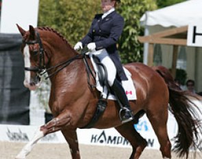 Canadian Wendy Christoff on Pfalstaff: this pair showed one of the best rein backs of all. The passage was not regular enough and in the one tempi's the Hanoverian took off. Pity