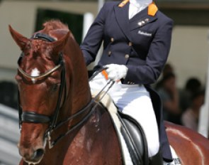 Adelinde Cornelissen on her sponsor's horse Jerich Wunschtraum. Piaffe was not on the spot and the two tempi's were croup high and lacking straightness. They seem to need a little more time to become a combination