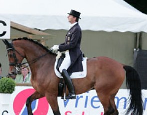 Dieter Laugks and the Danish warmblood Meggle's Shogun (by Solos Carex x Schwadroneur). This horse has an amazing piaffe and passage and Laugks was one of the very few riding to fun and original music!