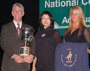 Akiko Yamazaki, owner of Ravel, accepted the Col. Thackeray Trophy for the Adequan/USDF Grand Prix Horse of the Year at the USDF Salute Gala and awards banquet.